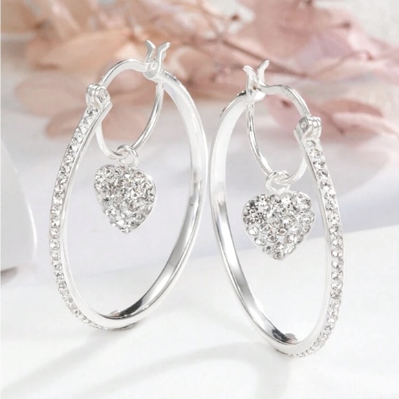 925 Sterling Silver Heart Pendant Circle Hoop Earrings With Natural Crystal Bead - Picture 3 of 4